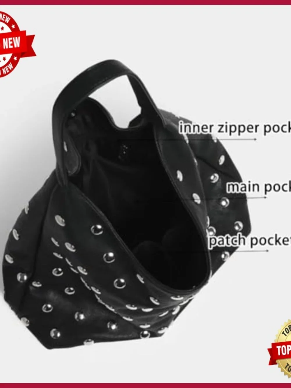 Large Vegan Leather Studded Hobo Bag with Faux Fur Lining